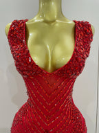 Vintage-Inspired Sparkly Rhinestone Mesh V-Neck Party Dress