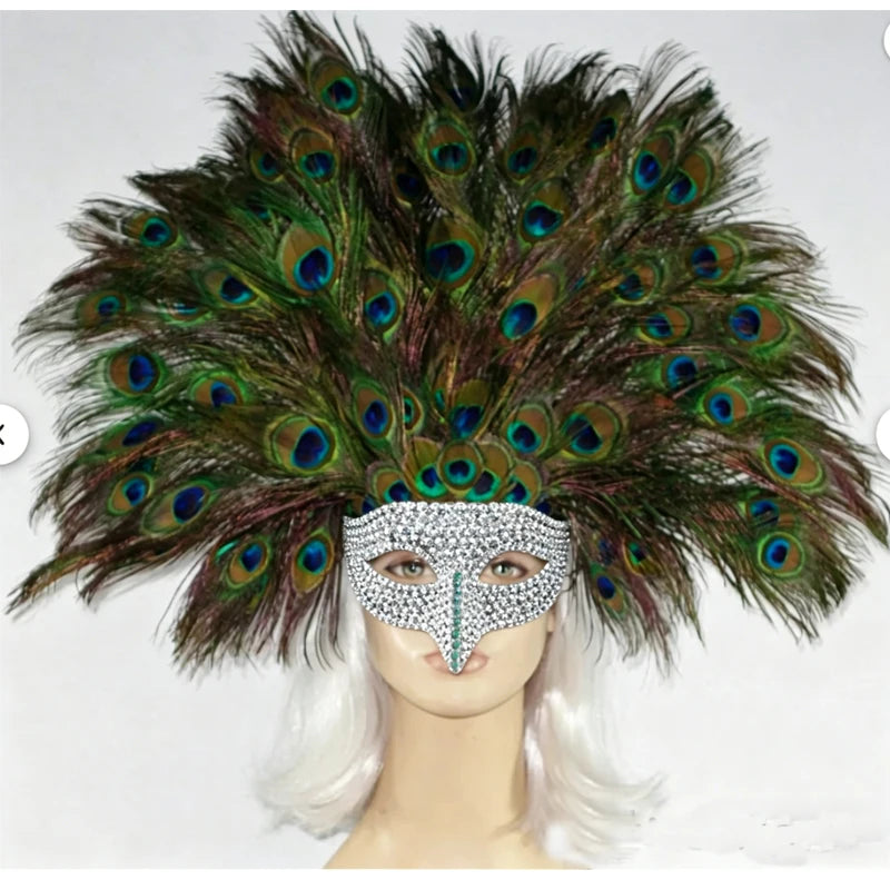 Luxury Peacock Feather Masquerade Mask,Rhinestone Crystal Venetian Mask, Large Feather Fan for Masquerade Ball & Halloween Party - Big Tim's Magic Emporium