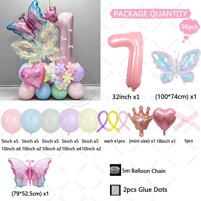 56pcs Colorful Butterfly Love Balloon Pink Number Birthday Balloon Set Festival Party Decoration Children's Baptismal Supplies