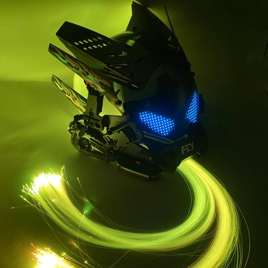 Cyber Punk Mask Mech Warrior Cosplay Helmet With LED Color Screen With Light Up Braids Cosplay Helmet Halloween Party Props Gift