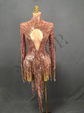 Gold Crystal Fringe Illusion Mini Dress Sparkly Rhinestone Stage Dance Costume