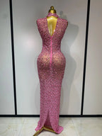 Sparkly Rhinestone Sleeveless Maxi Long Dress See-Through Sheer Mesh Stage Outfit