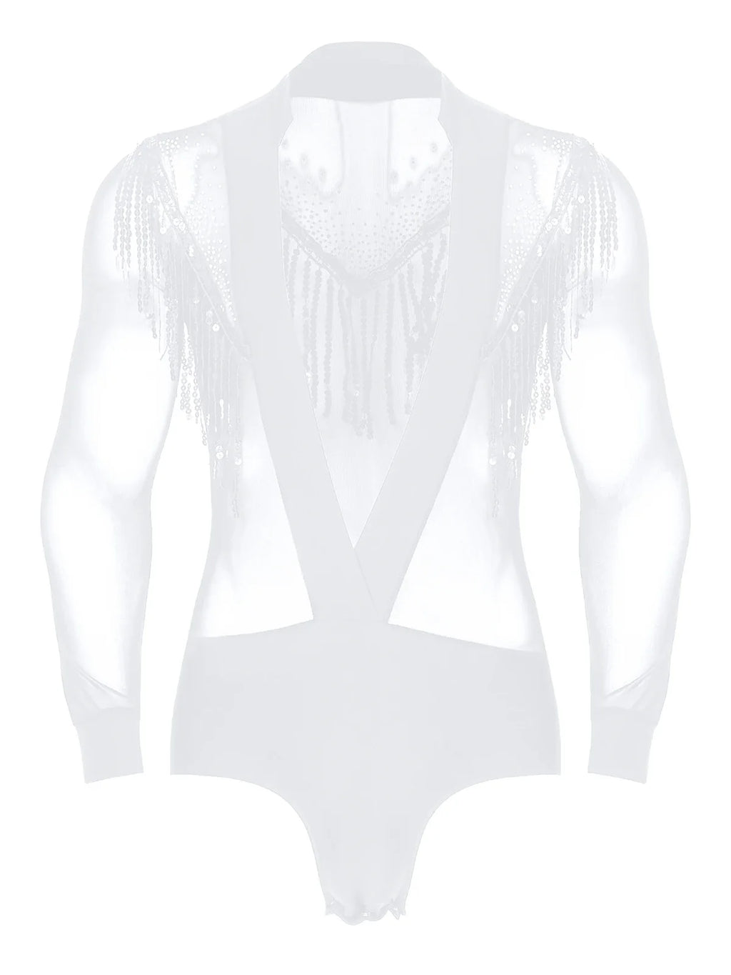 Men's Latin Salsa Sequin Tassel & Rhinestone V-Neck Performance Leotard Bodysuit