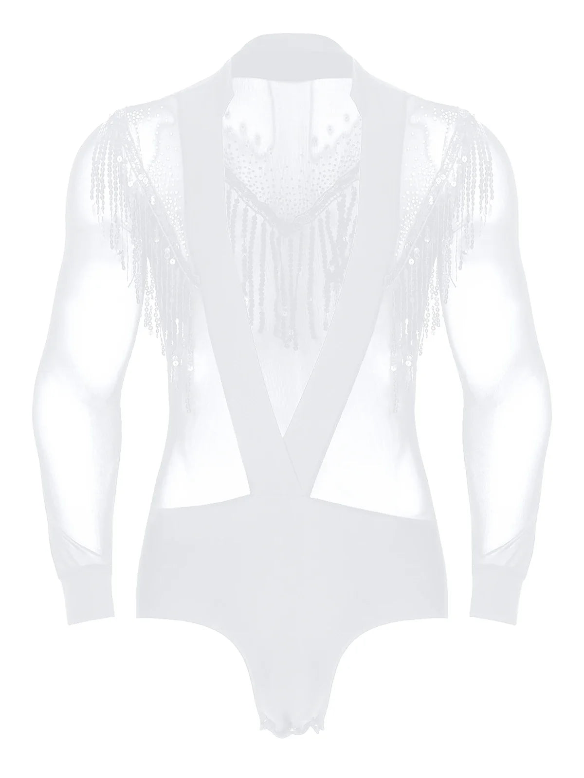 Men's Latin Salsa Sequin Tassel & Rhinestone V-Neck Performance Leotard Bodysuit