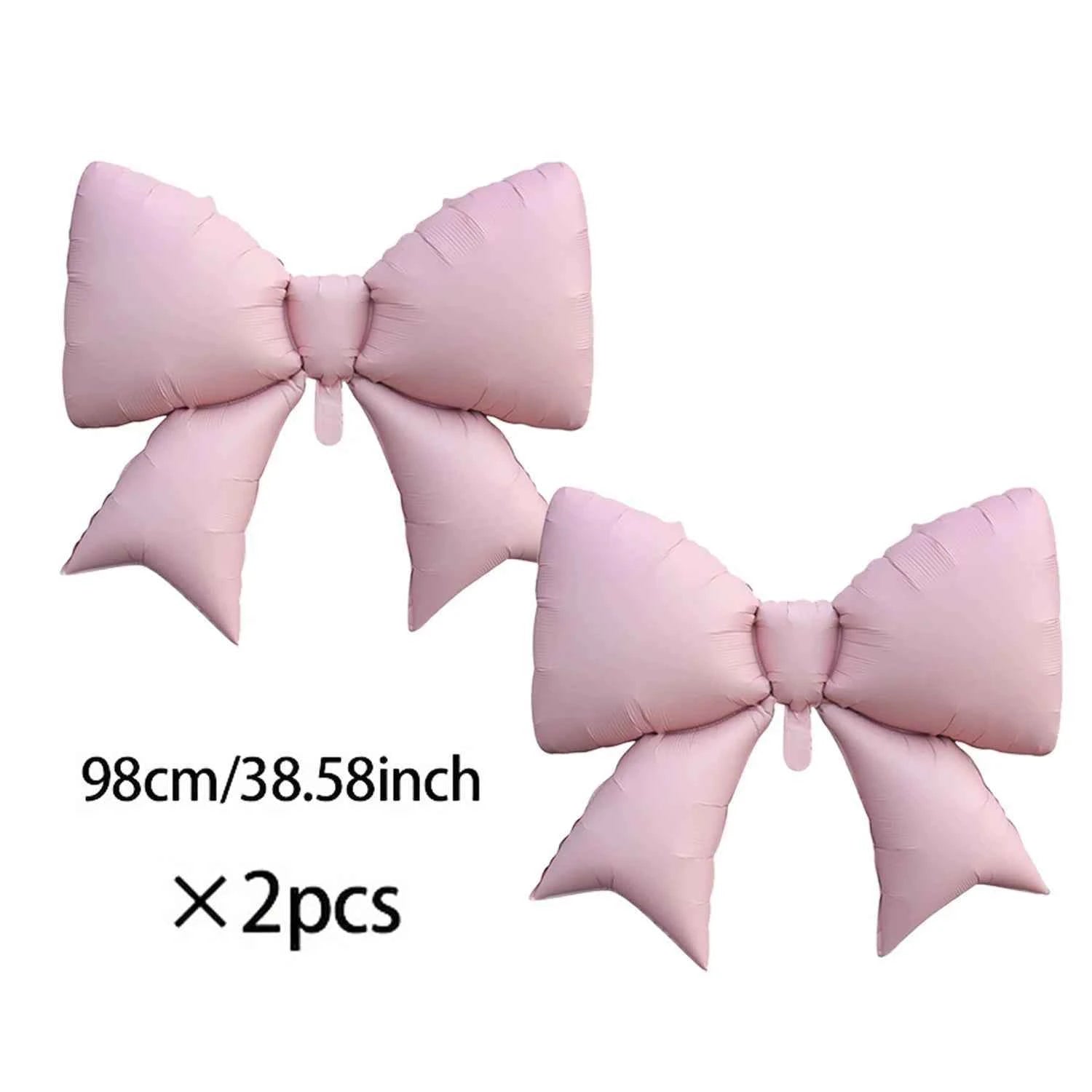 White Happy Birthday banner balloon and light pink bow balloon with pink ribbon bow, birthday party decoration