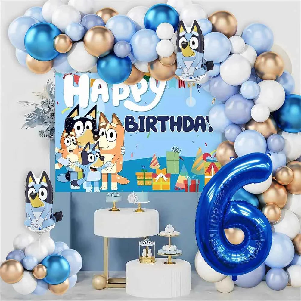 Bluey Birthday Party Decorations Balloon Garland Kit with Bluey Foil Balloons & Happy Birthday Backdrop for Kids Party Supplies