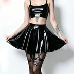 Gothic PU Leather PVC Shiny Flared Pleated Mini A-Line Skirt