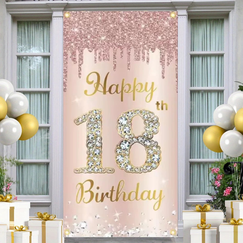 18th 30th 40th Pink Shine Brightly Happy Birthday Party Decoration Background Sweet Rose Pink Backdrop Photo Studio Banner Props
