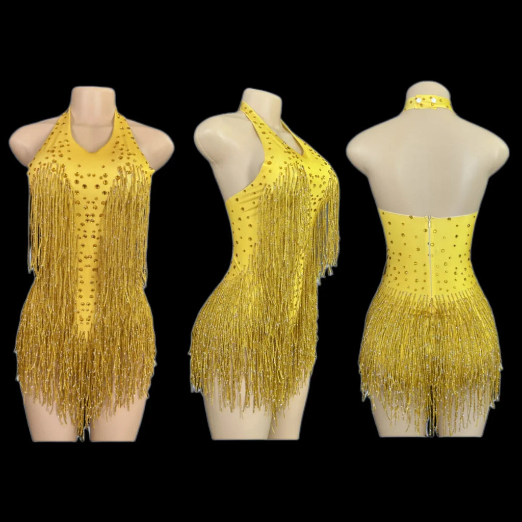 Women's Rhinestone Fringe Dance Bodysuit