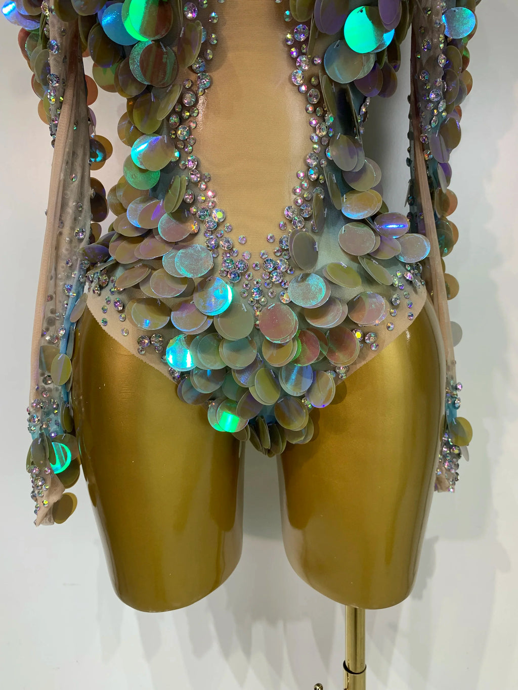 Iridescent Mermaid Scale Sequin & Rhinestone Illusion Bodysuit Stage Costume