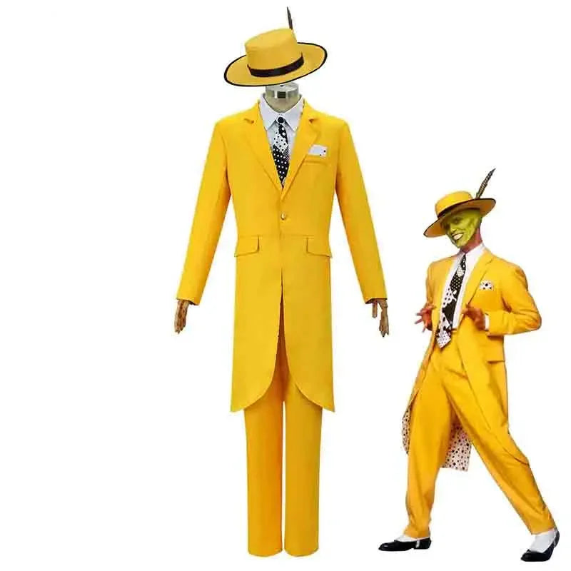 Movie The Mask Cosplay Yellow Uniform with Hat Green Mask Halloween Carnival Party Clown Props Costume - Big Tim's Magic Emporium