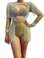 The Stardust Diamond Cutout Bodysuit – Luxury Rhinestone & Pearl Fringe Showgirl Costume