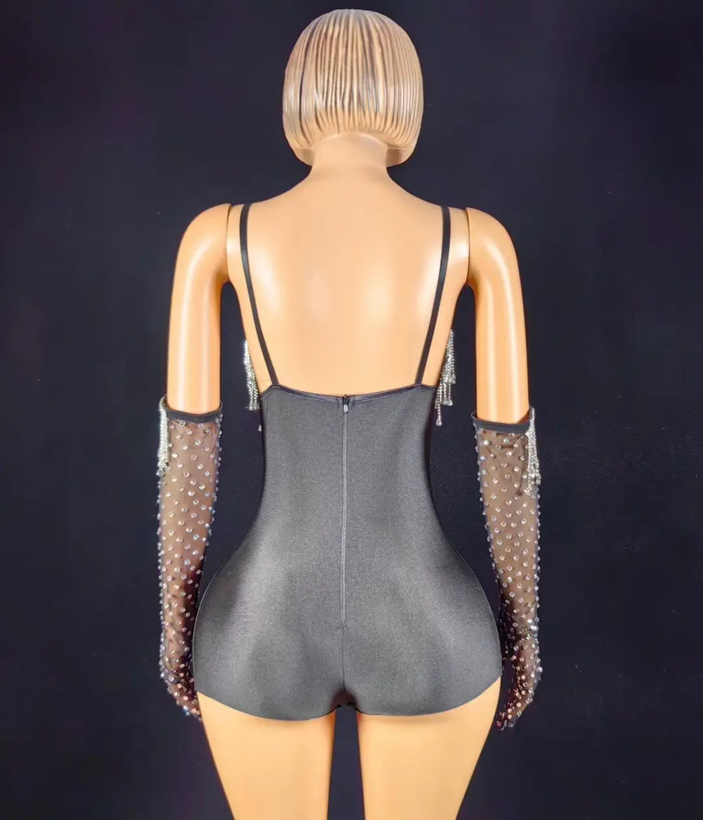 Black Spandex Crystal Tassel Bodysuit with Matching Gloves Stage Performance Set