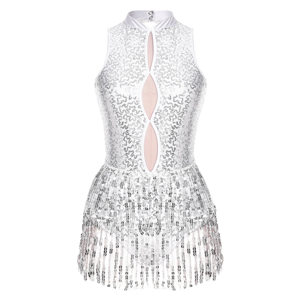 Glitter Sequin Fringe Latin Dance Leotard & Backless Performance Bodysuit