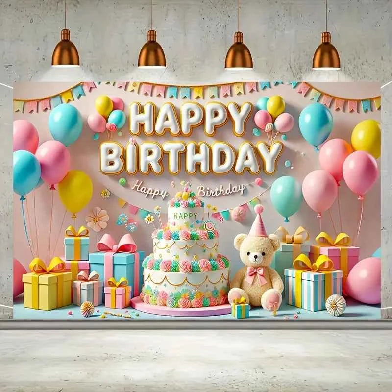 One, a "Happy Birthday" banner, colorful balloons and cake design, with a teddy bear, a birthday party background banner