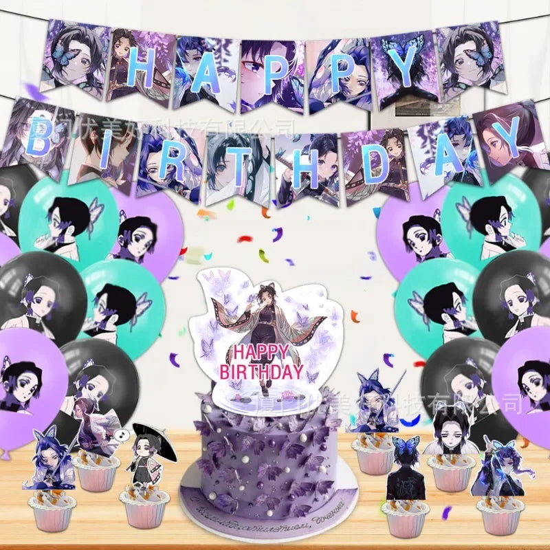Demon Slayer Anime Kochou Shinobu Party Set Supplies Kimetsu No Yaiba Balloon Girl's Birthday Decoration Banner Cake Topper Gift