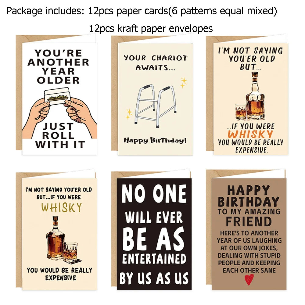 12pcs Happy Birthday Gift Cards Invitations Funny Text Greeting Congratulation Card Kids Adults Birthday Party Supplies Decor