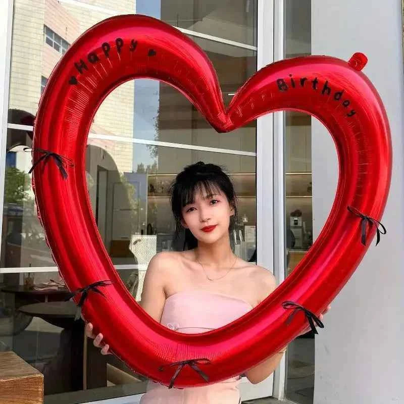 Happy Birthday Heart Photo Frame Balloon with Bowknot Stickers Girlsfriend Birthday Party Photo Props Wedding Ballon Decoration