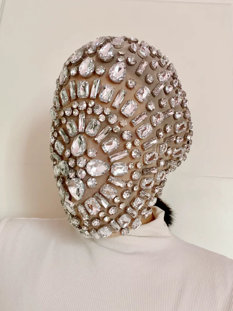 Shiny Diamond Mask for Women Men Elastic Mesh Headgear with Rhinestone Party Rave Mask DJ Dancer Stage Nightclub Headwear - Big Tim's Magic Emporium