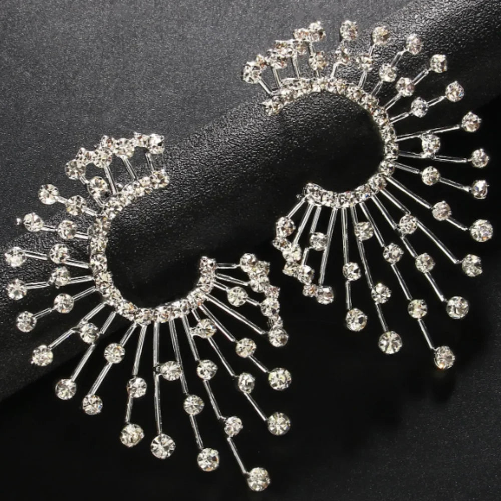Oversized Crystal Rhinestone Geometric Fan Stud Earrings Drag Queen Stage Jewelry