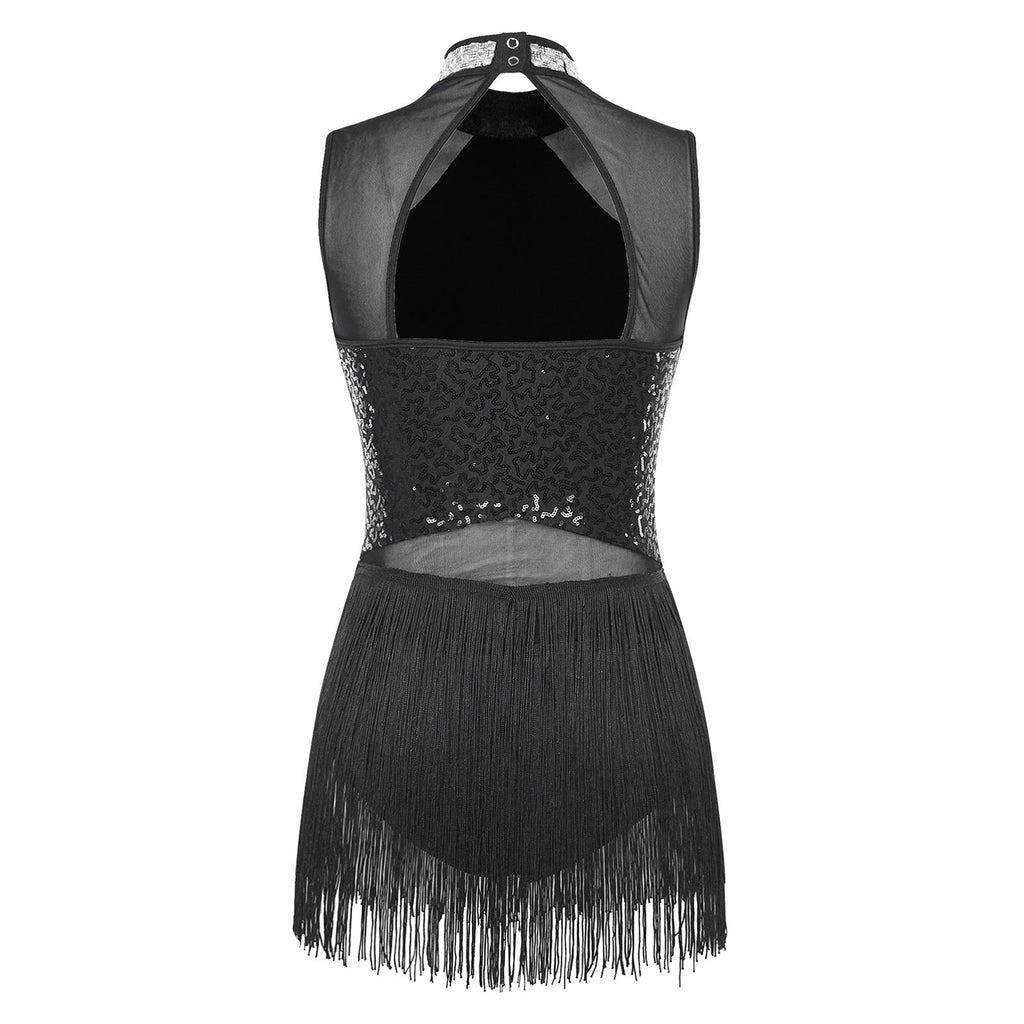 Women Sequins Diamond Latin Jazz Dance Costume Sleeveless Cutout Back Flowy Tassel Dress Leotard Tango Cha-Cha Samba Dancewear