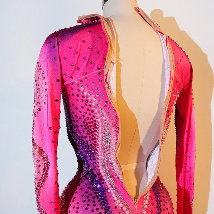 Luxury Pink Rhinestone long sleeve bodysuit Dancer Stage Wear Perform Show Girl Sheer Drag Queen Outfit Bar Nightclub