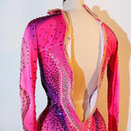 Luxury Pink Rhinestone long sleeve bodysuit Dancer Stage Wear Perform Show Girl Sheer Drag Queen Outfit Bar Nightclub
