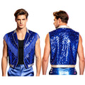 Men's Metallic Sequin Tassel Open-Front Vest Lapel Collar Sleeveless Stage Dance Waistcoat