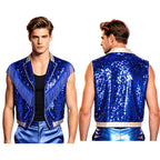 Men's Metallic Sequin Tassel Open-Front Vest Lapel Collar Sleeveless Stage Dance Waistcoat