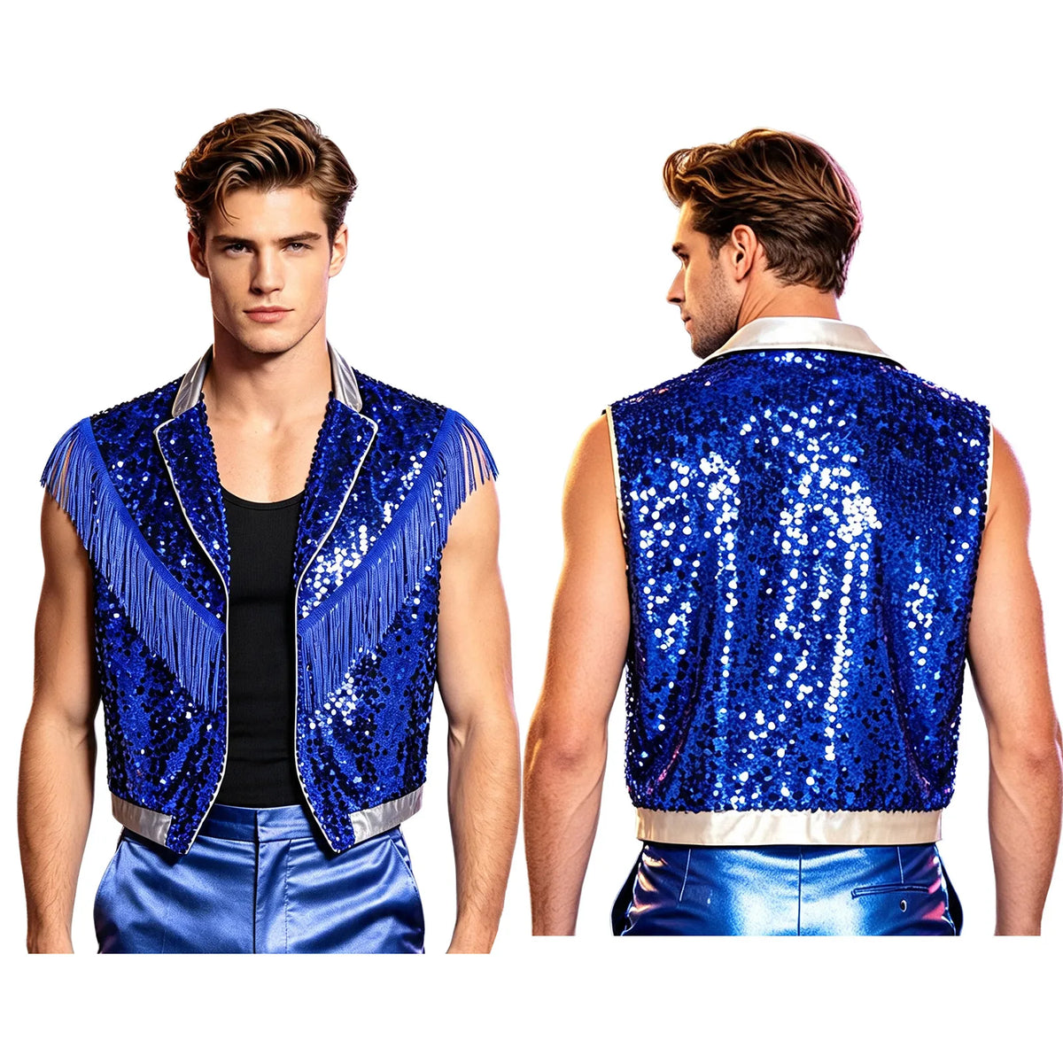 Men's Metallic Sequin Tassel Open-Front Vest Lapel Collar Sleeveless Stage Dance Waistcoat