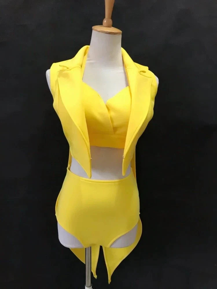 Female Jazz Dance Team Costume Black Yellow Bikini Tailcoat 3 Pieces Set Women Singer Nightclub Sexy Stage Wear Cosplay Outfits