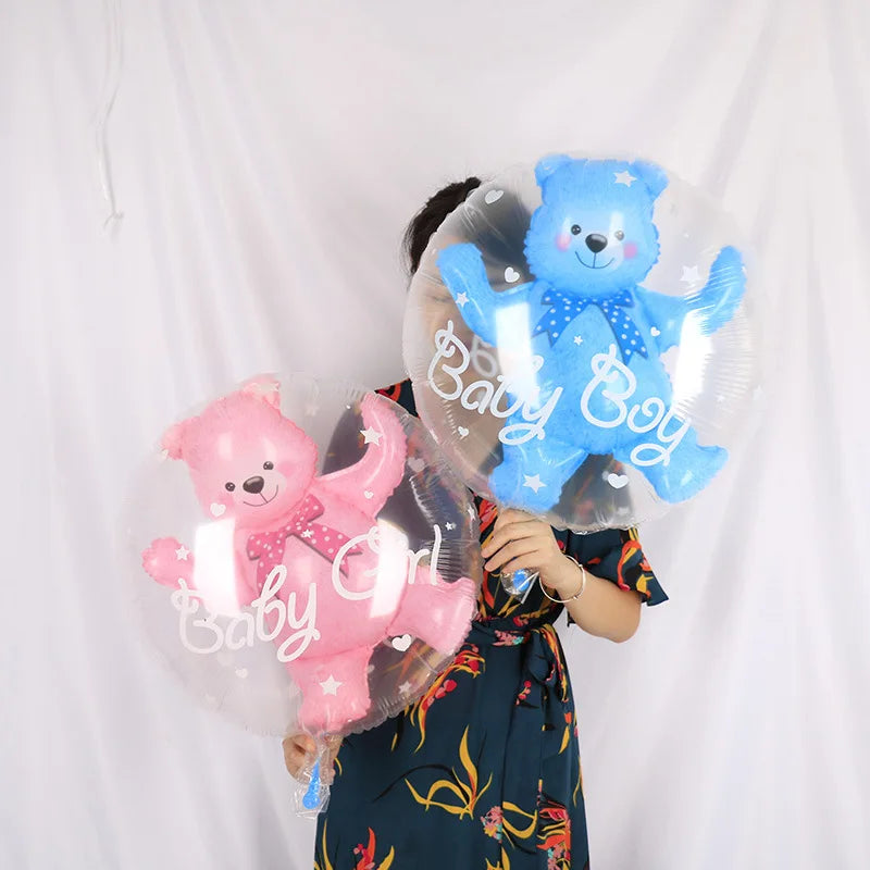 4D Transparent Baby Shower Boy Girl Bear Bubble Ball Kids 1st Birthday Party Blue Pink Helium Balloon Gender Reveal Decoration
