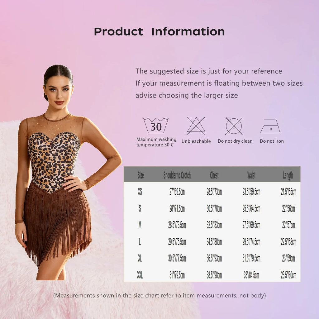 Leopard Print Rhinestone Tassel Dance Dress Long Sleeve Keyhole Bodysuit