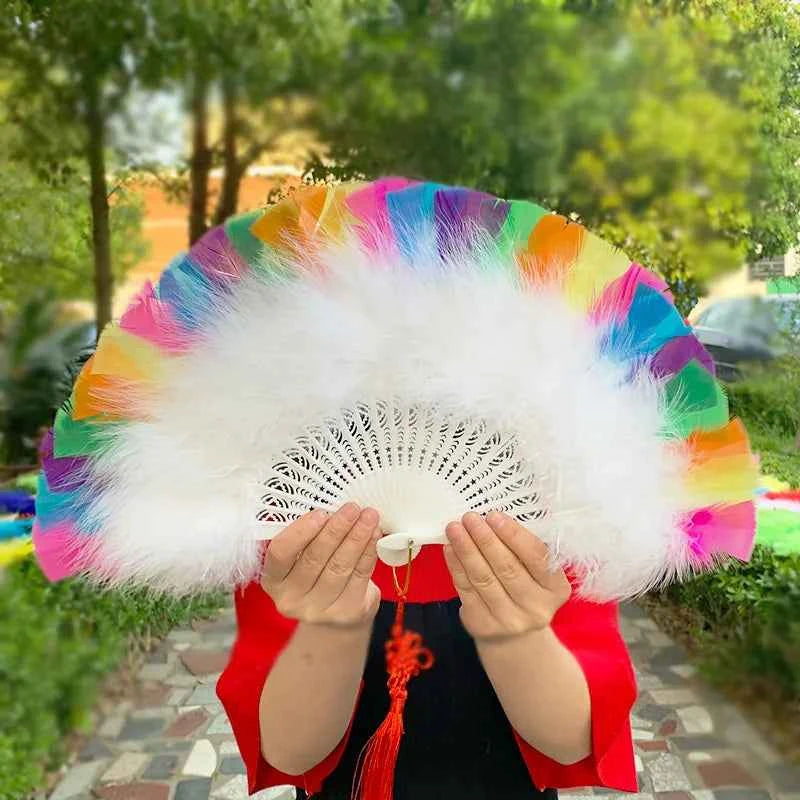 Rainbow Feather Folding Fan Stage Performance Dance Fan Lolita Feather Fan Photography Props Gifts Wedding Party Decoration