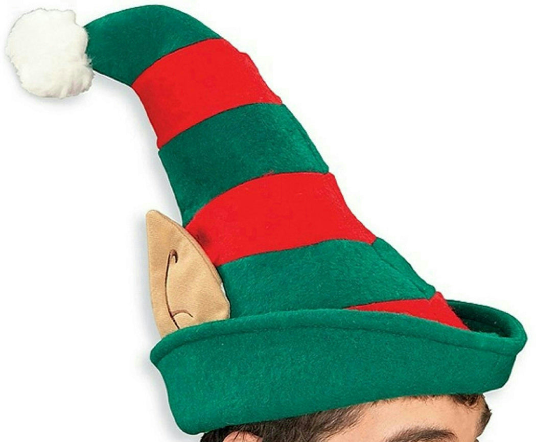 Red and Green Striped Christmas Elf Hat with Ears and Pom Pom by HalloweenStore.com