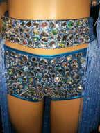 Royal Blue Rhinestone Fringe Bodysuit & Shoulder Epaulets Stage Performance Costume Set