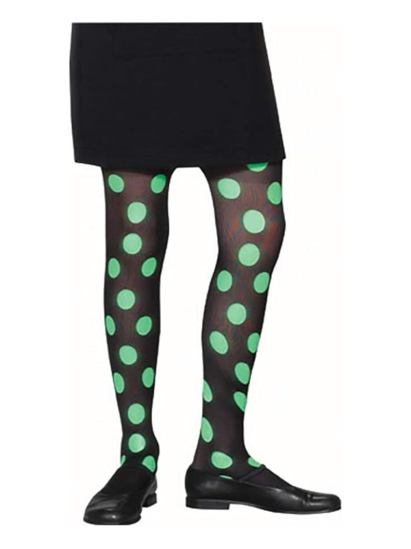 Child's Black & Lime Polka Dot Tights Size: One Size by Masquerade