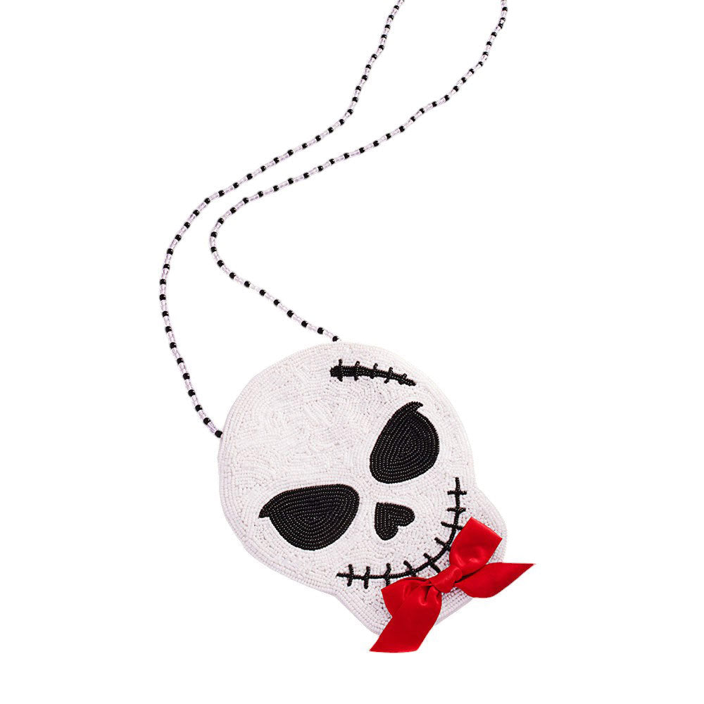 Bow Pointed Halloween Skull Beaded Mini Crossbody Bag by Madeline Love