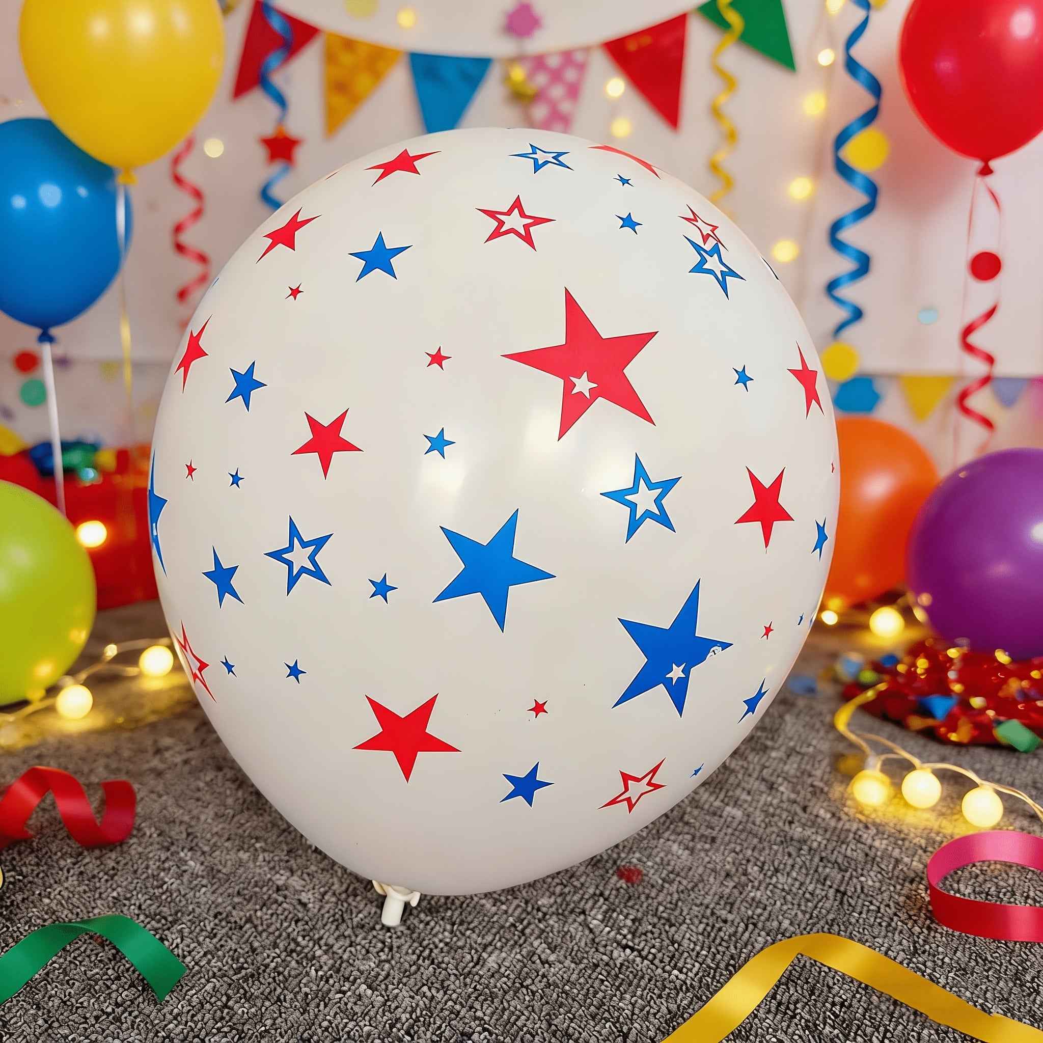 36pcs Patriotic Star Balloons • 12-Inch Red, White, And Blue Star-Printed Latex Balloons • Ideal for 4Th of July And Independence Day Party Decorations