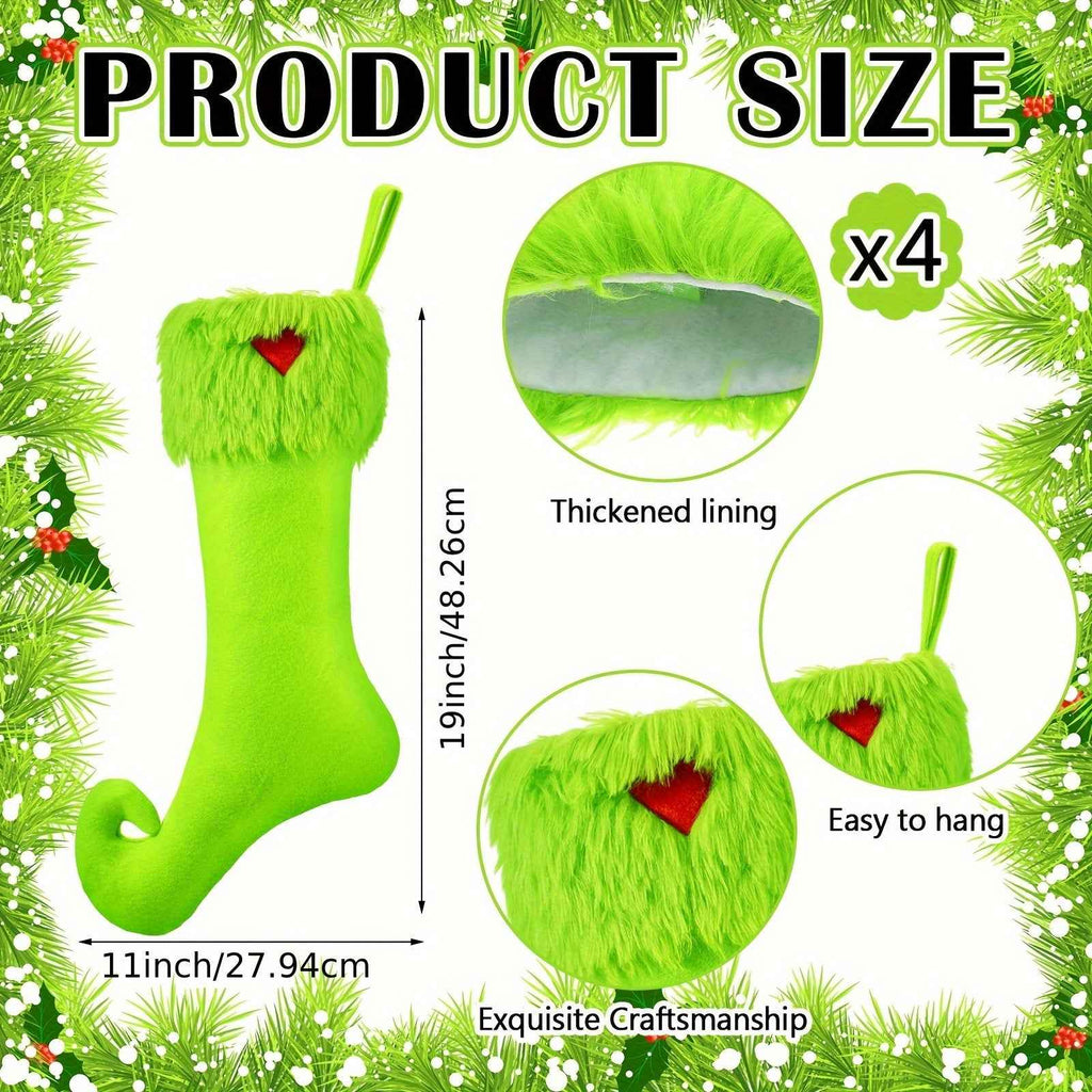Vibrant Neon Green Extra Long Christmas Stockings - 19 Inch Holiday Decor with Ring Hanging Decorations