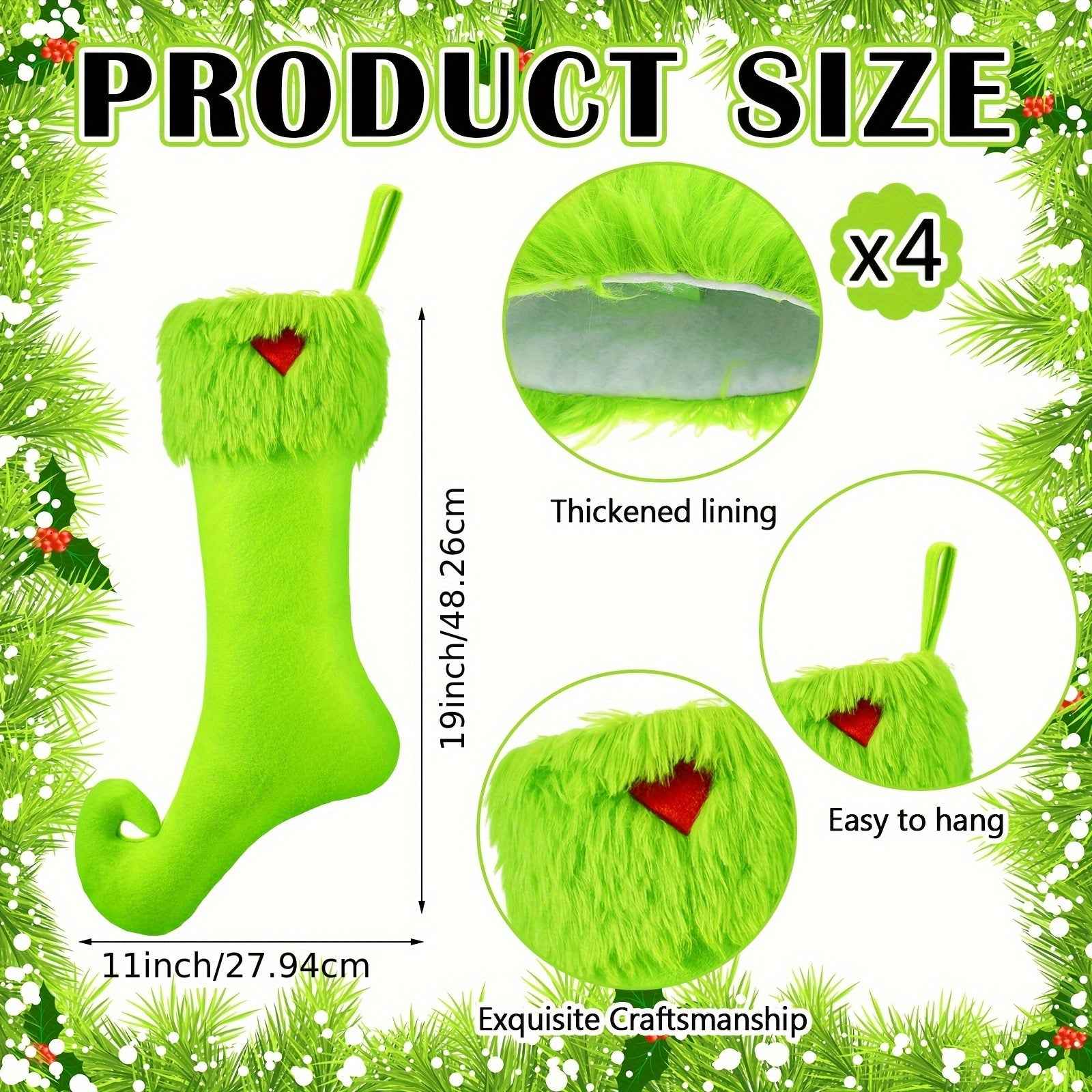 Vibrant Neon Green Extra Long Christmas Stockings - 19 Inch Holiday Decor with Ring Hanging Decorations
