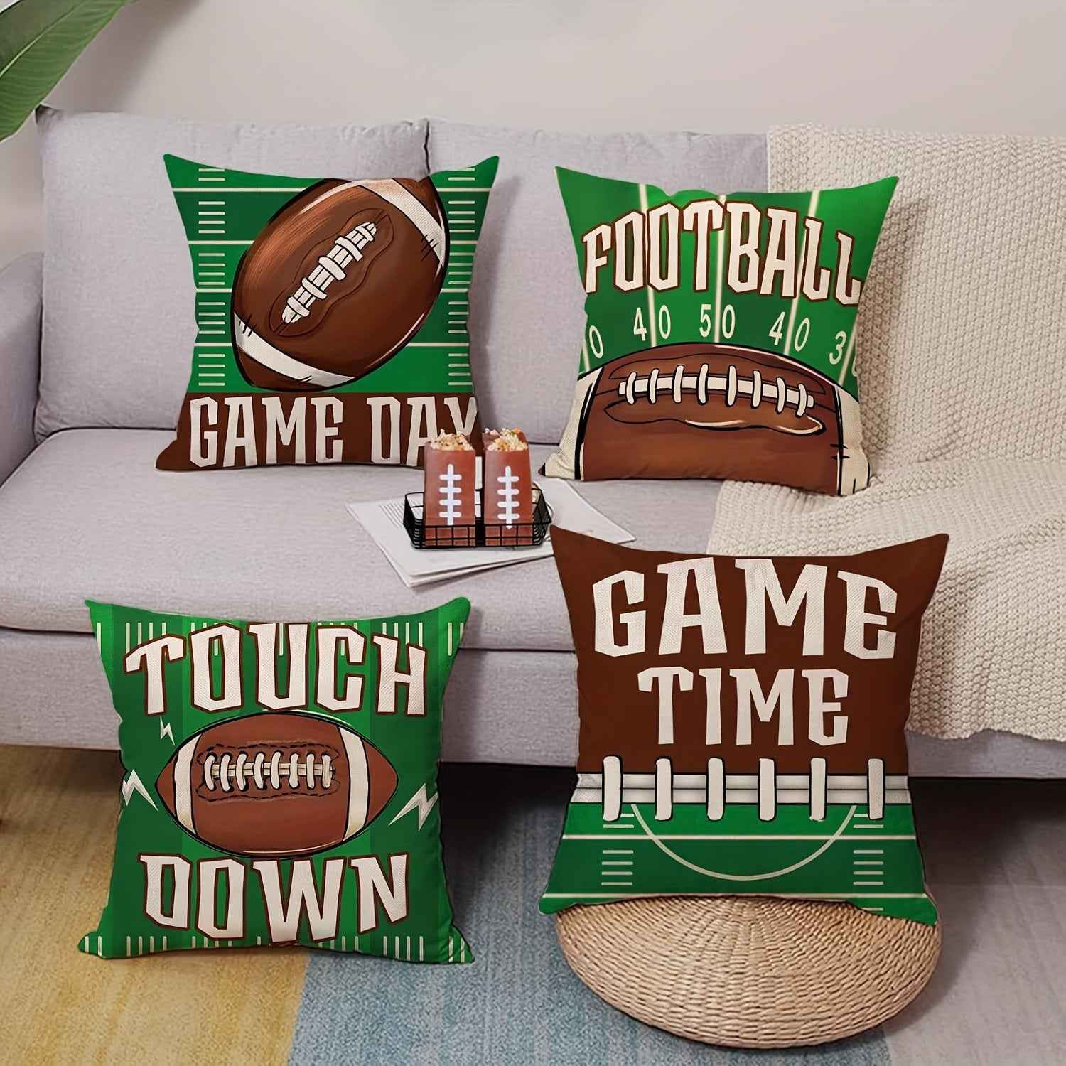 Game Day Ready: 4-Piece Football Decorative Throw Pillow Covers for Home and Porch Décor