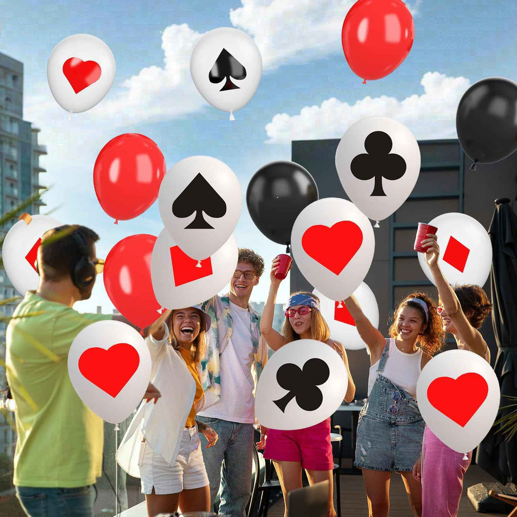 27pcs Poker Pattern Latex Balloons | 12/10Inch Black, Red, And White For Theme Party, Night Party Supplies, Venue Layout, Studio Equipment, Photography Pose Props, House Party Indoor And Outdoor Decorations, Holiday And Birthday Party Decorations