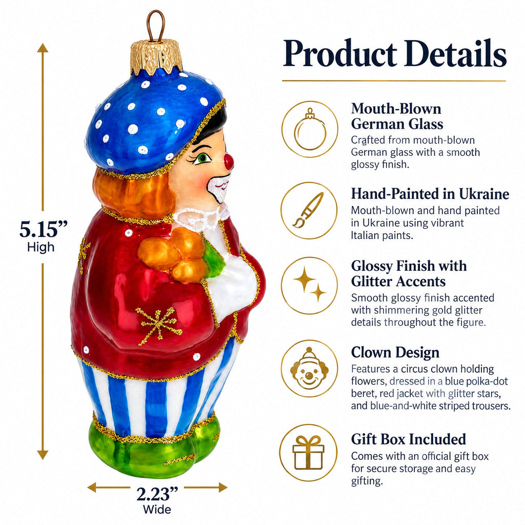 Circus Clown Holding Flowers Glass Christmas Ornament by BestPysanky