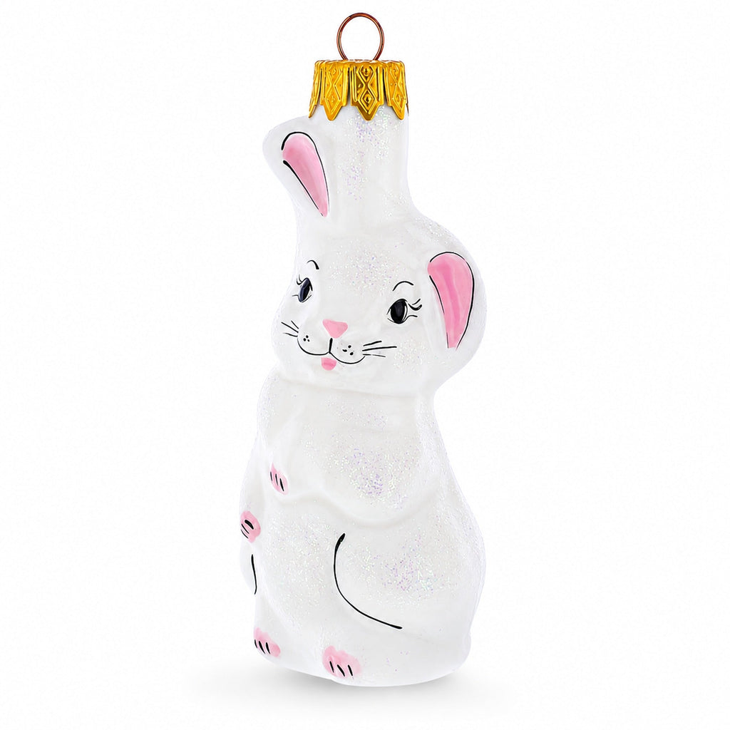 Whimsical White Bunny with Pink Ears Glass Christmas Ornament by BestPysanky