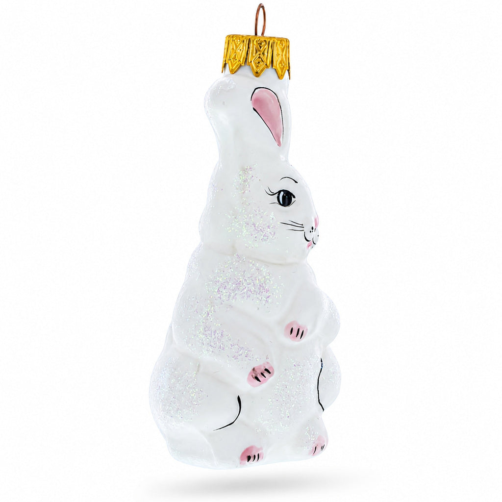 Whimsical White Bunny with Pink Ears Glass Christmas Ornament by BestPysanky