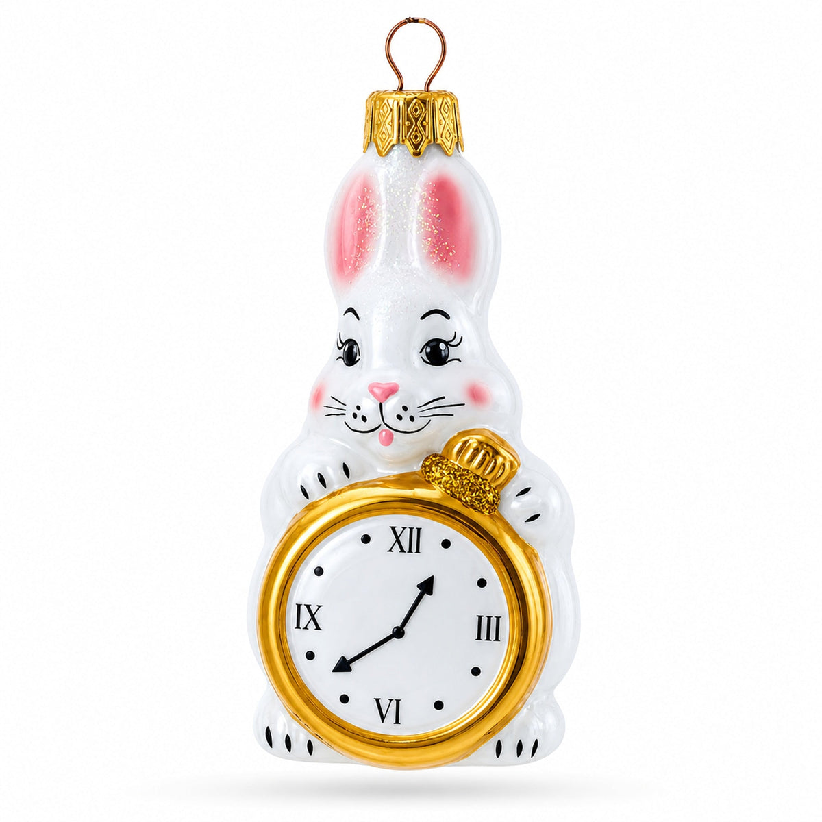 White Bunny with Timepiece Motif Glass Christmas Ornament by BestPysanky