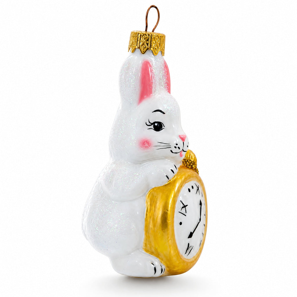White Bunny with Timepiece Motif Glass Christmas Ornament by BestPysanky