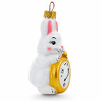 White Bunny with Timepiece Motif Glass Christmas Ornament by BestPysanky