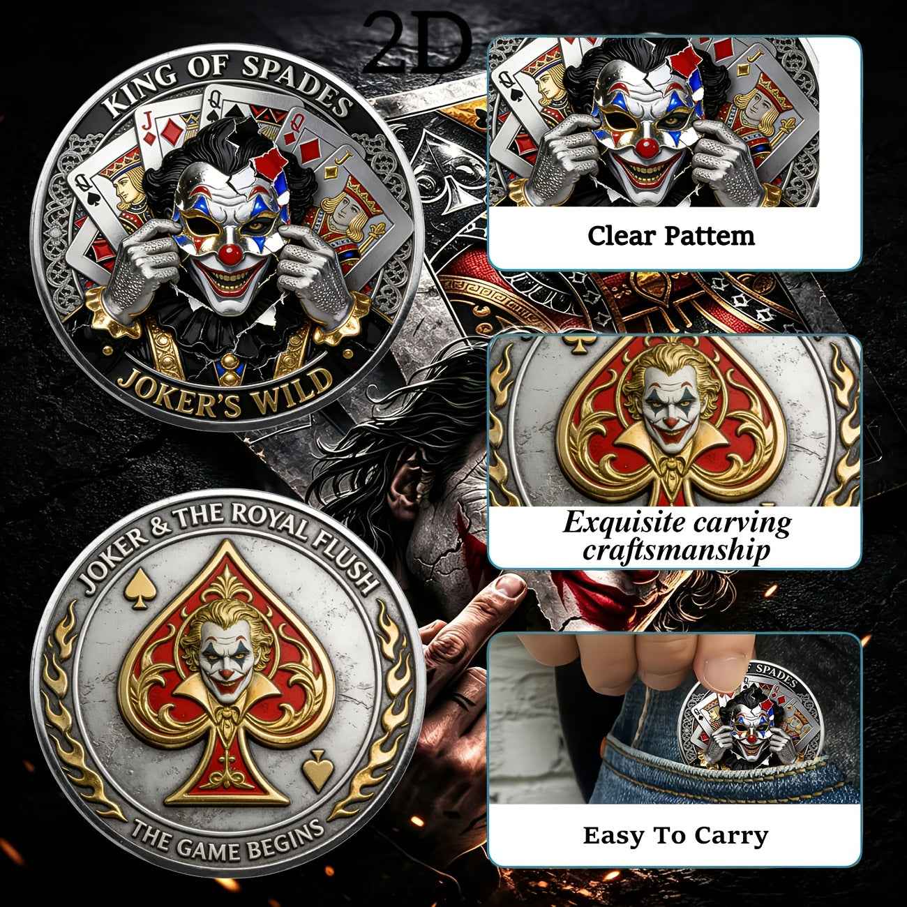 Replica Coin 1pc, 2D Joker Poker Gift Coin - Game Start Commemorative Collectible - Royal Flush Poker Coin Double-Sided Joker Commemorative Coin. The Joker Card and Royal Flush Symbolize "good Luck, Comeback, and Mastery of the Situation" in Poker